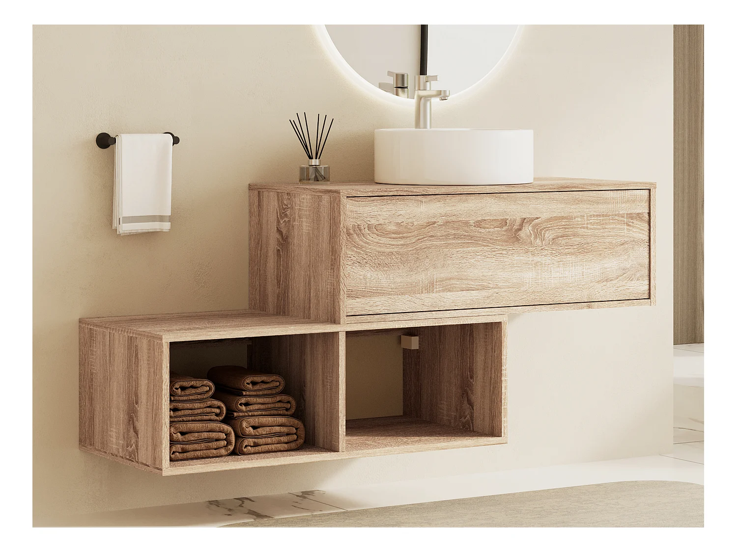 Meuble de salle de bain suspendu naturel clair avec vasque ronde - 1 tiroir et 2 niches - 94 cm - TEANA II