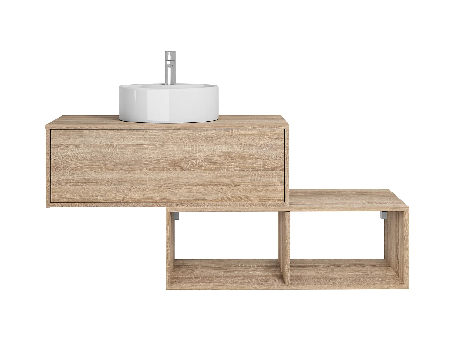 Móvel de casa de banho suspenso em carvalho claro com lavatório redondo 1 gaveta e 2 nichos 94 cm - TEANA II