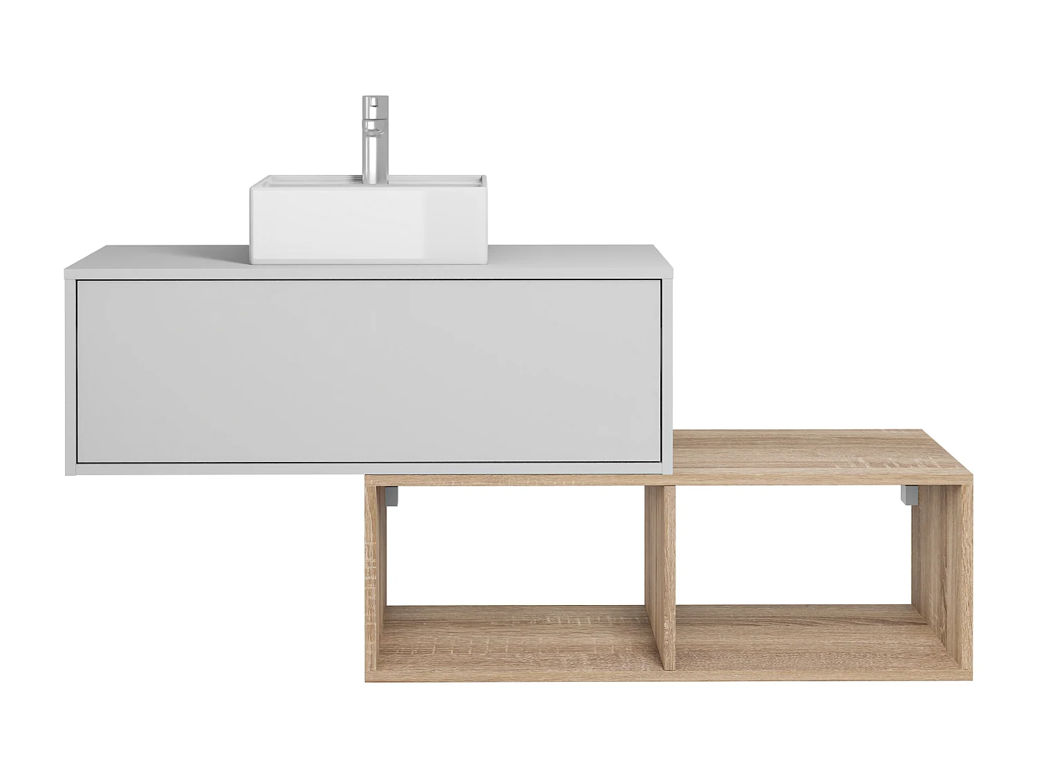 Meuble de salle de bain suspendu avec vasque carrée - 1 tiroir blanc et 2 niches naturel clair - 94 cm - TEANA II