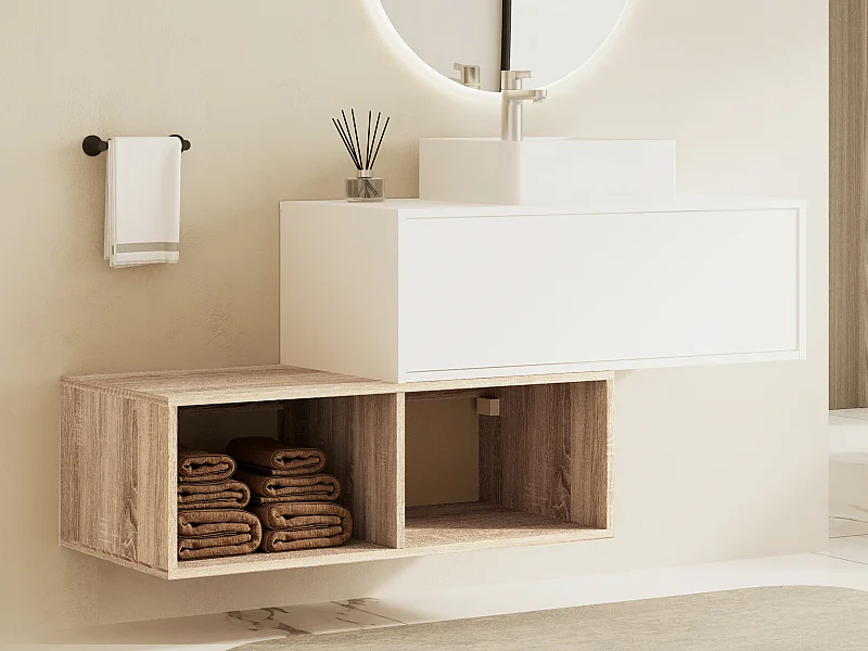 Waschbeckenunterschrank hängend mit quadratischem Waschbecken - 1 weiße Schublade & 2 Ablagefächer in heller Holzfarbe - 94 cm - TEANA II