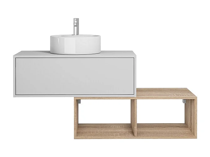 Meuble de salle de bain suspendu avec vasque ronde - 1 tiroir blanc et 2 niches naturel clair - 94 cm - TEANA II