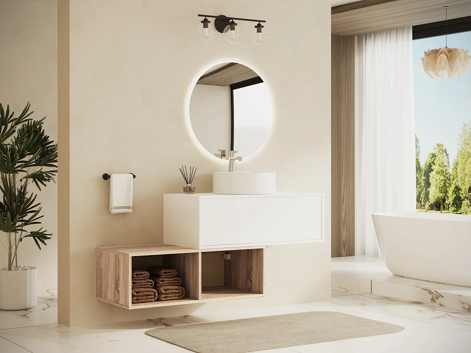 Meuble de salle de bain suspendu avec vasque ronde - 1 tiroir blanc et 2 niches naturel clair - 94 cm - TEANA II