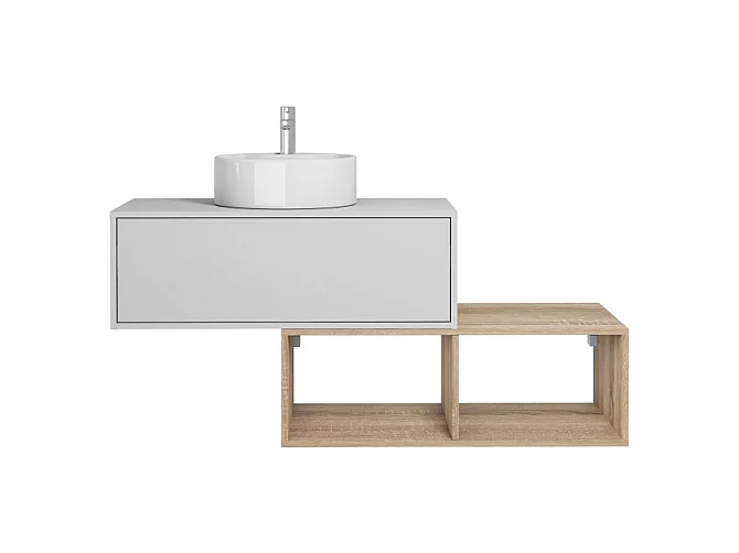 Waschbeckenunterschrank hängend mit rundem Waschbecken - 1 weiße Schublade & 2 Ablagefächer in heller Holzfarbe - 94 cm - TEANA II
