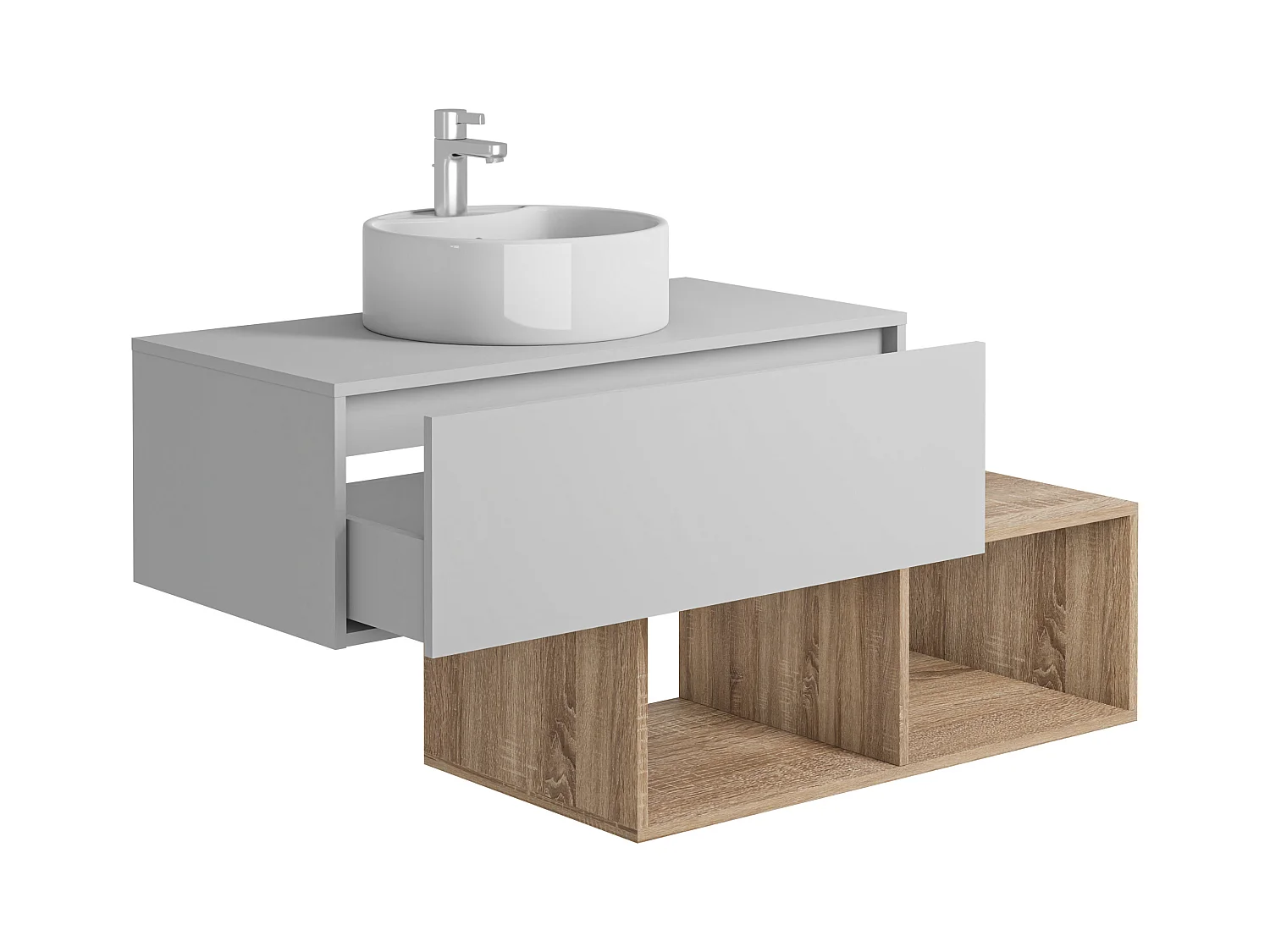 Waschbeckenunterschrank hängend mit rundem Waschbecken - 1 weiße Schublade & 2 Ablagefächer in heller Holzfarbe - 94 cm - TEANA II