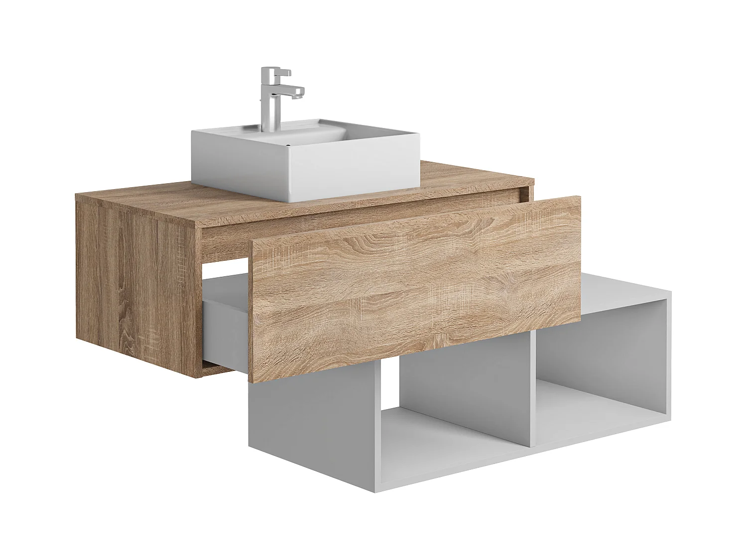 Meuble de salle de bain suspendu avec vasque carrée - 1 tiroir naturel clair et 2 niches blanches - 94 cm - TEANA II