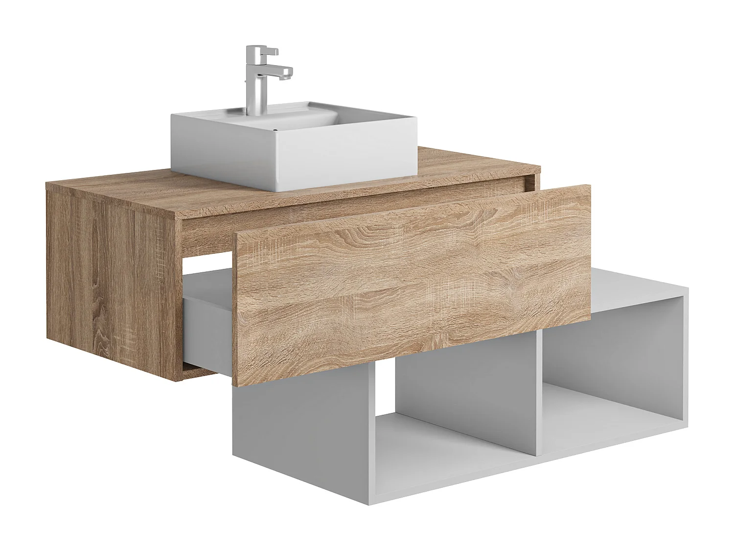 Waschbeckenunterschrank hängend mit quadratischem Waschbecken - 1 Schublade in heller Holzfarbe & 2 weiße Ablagefächer - 94 cm - TEANA II