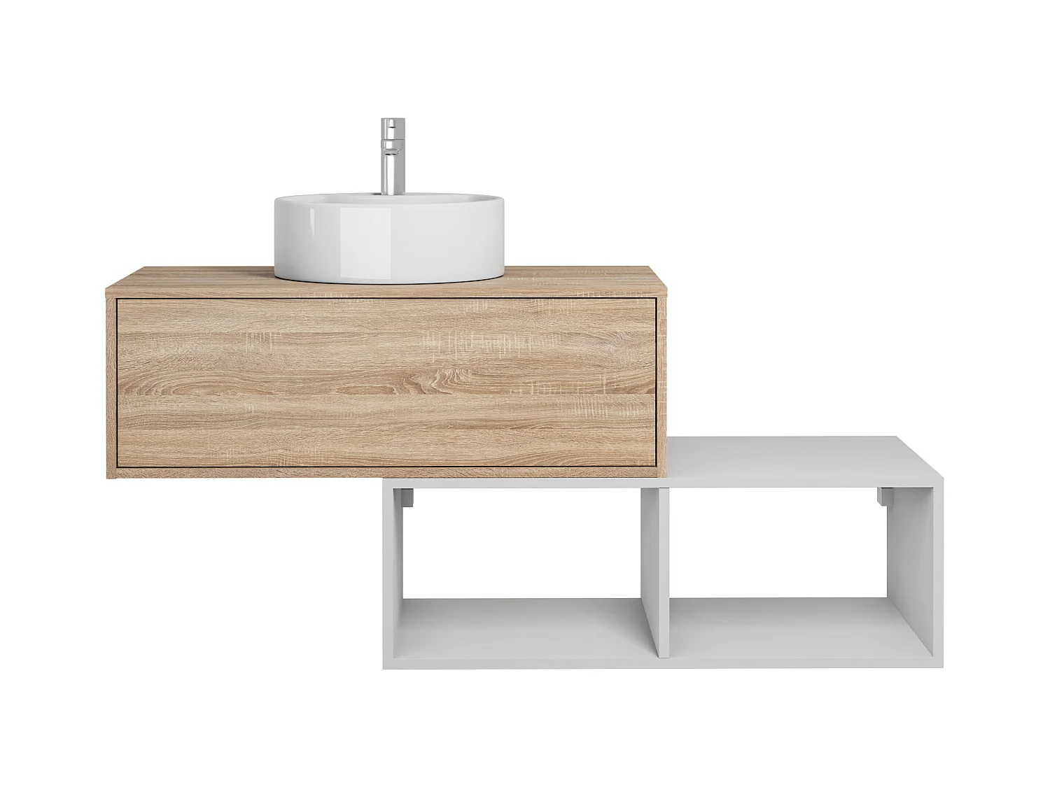 Waschbeckenunterschrank hängend mit rundem Waschbecken - 1 Schublade in heller Holzfarbe & 2 weiße Ablagefächer - 94 cm - TEANA II