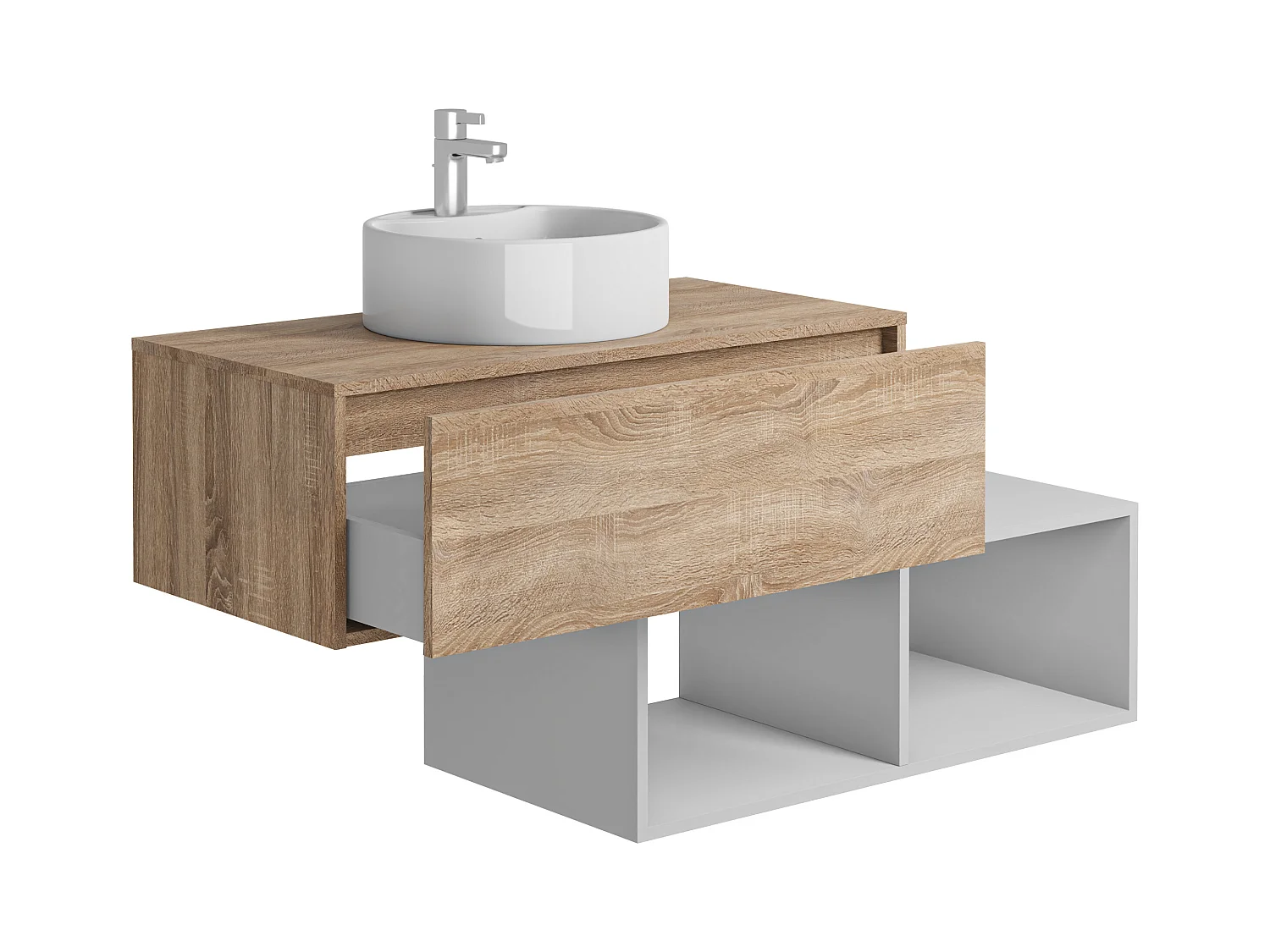 Waschbeckenunterschrank hängend mit rundem Waschbecken - 1 Schublade in heller Holzfarbe & 2 weiße Ablagefächer - 94 cm - TEANA II