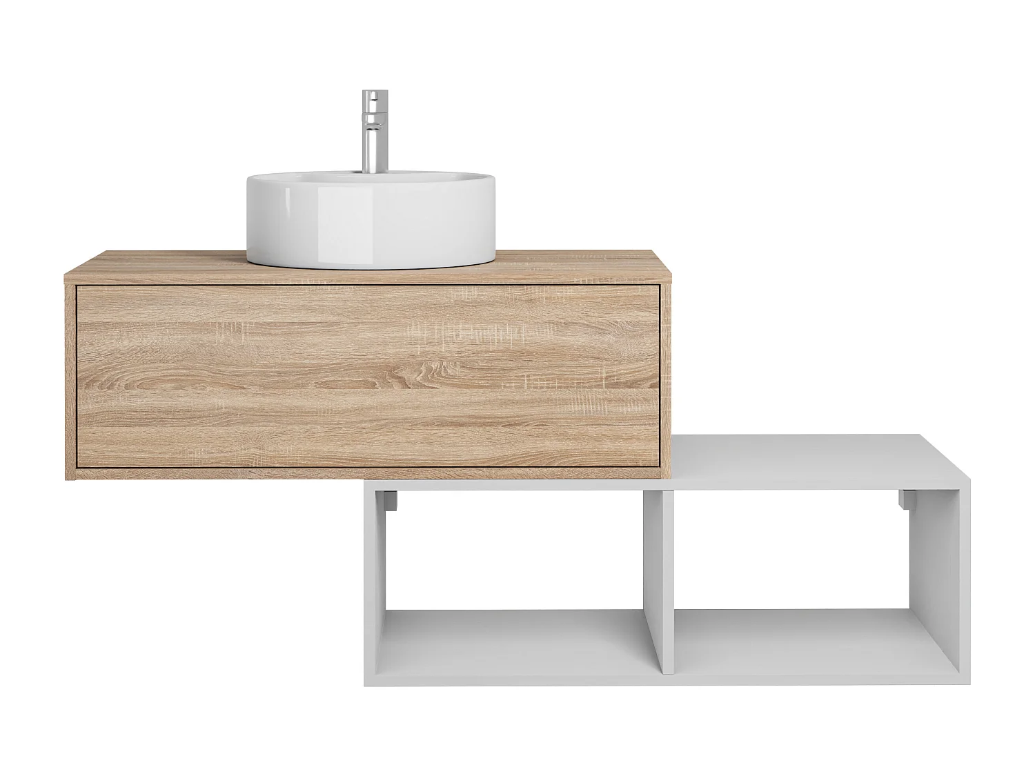 Meuble de salle de bain suspendu avec vasque ronde - 1 tiroir naturel clair et 2 niches blanches - 94 cm - TEANA II