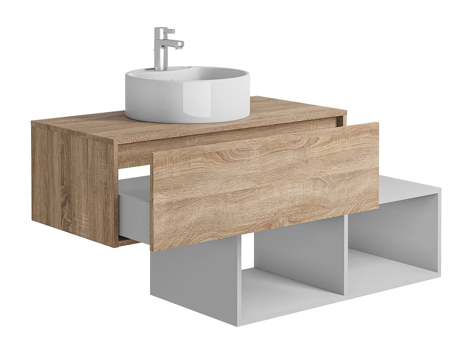 Meuble de salle de bain suspendu avec vasque ronde - 1 tiroir naturel clair et 2 niches blanches - 94 cm - TEANA II