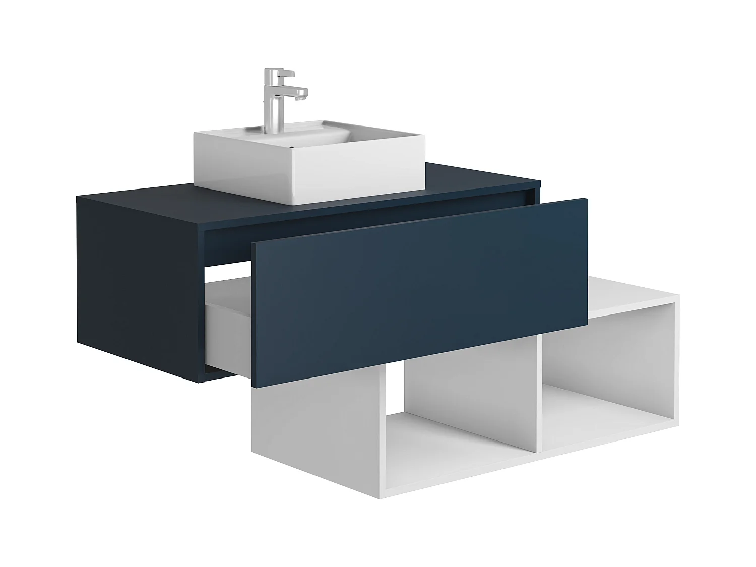 Mueble de baño flotante con lavabo cuadrado - 1 cajón azul y 2 estantes blancos - 94 cm - TEANA II
