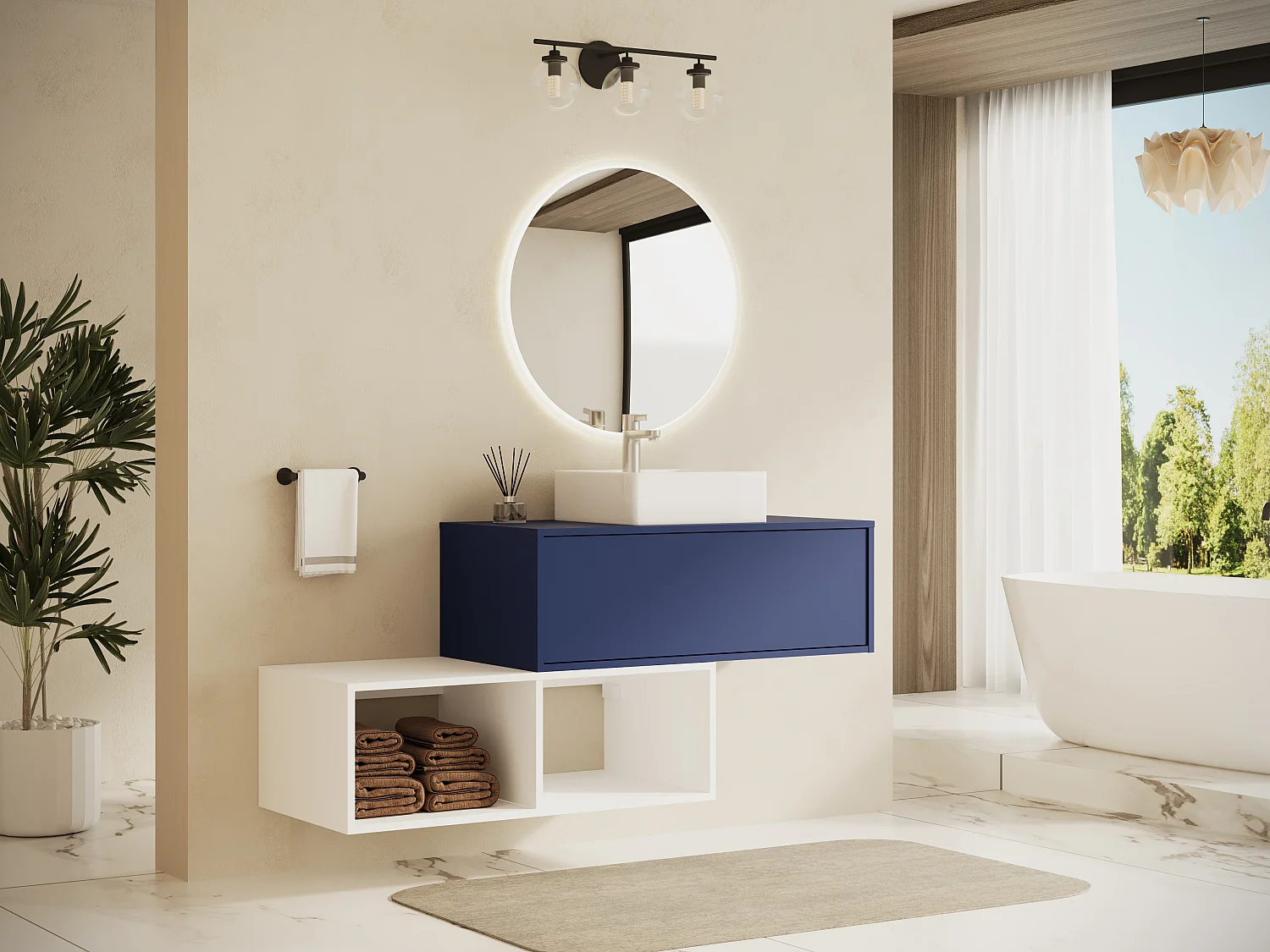Meuble de salle de bain suspendu avec vasque carrée - 1 tiroir bleu et 2 niches blanches - 94 cm - TEANA II
