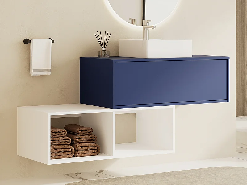 Mueble de baño flotante con lavabo cuadrado - 1 cajón azul y 2 estantes blancos - 94 cm - TEANA II