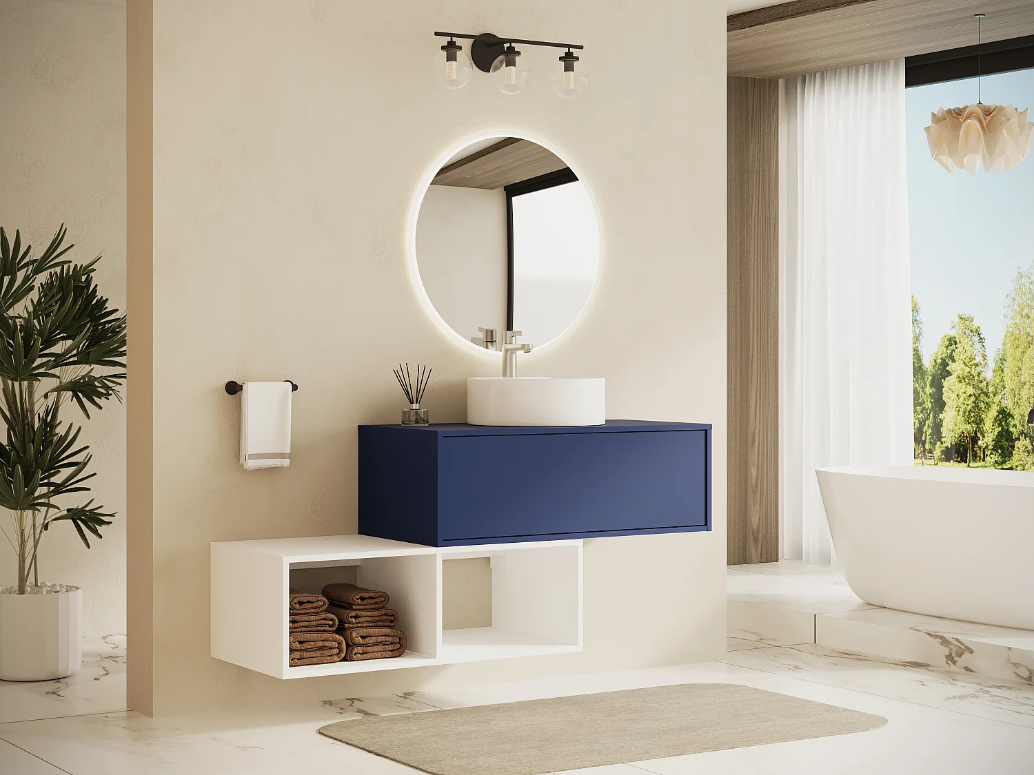 Meuble de salle de bain suspendu avec vasque ronde - 1 tiroir bleu et 2 niches blanches - 94 cm - TEANA II