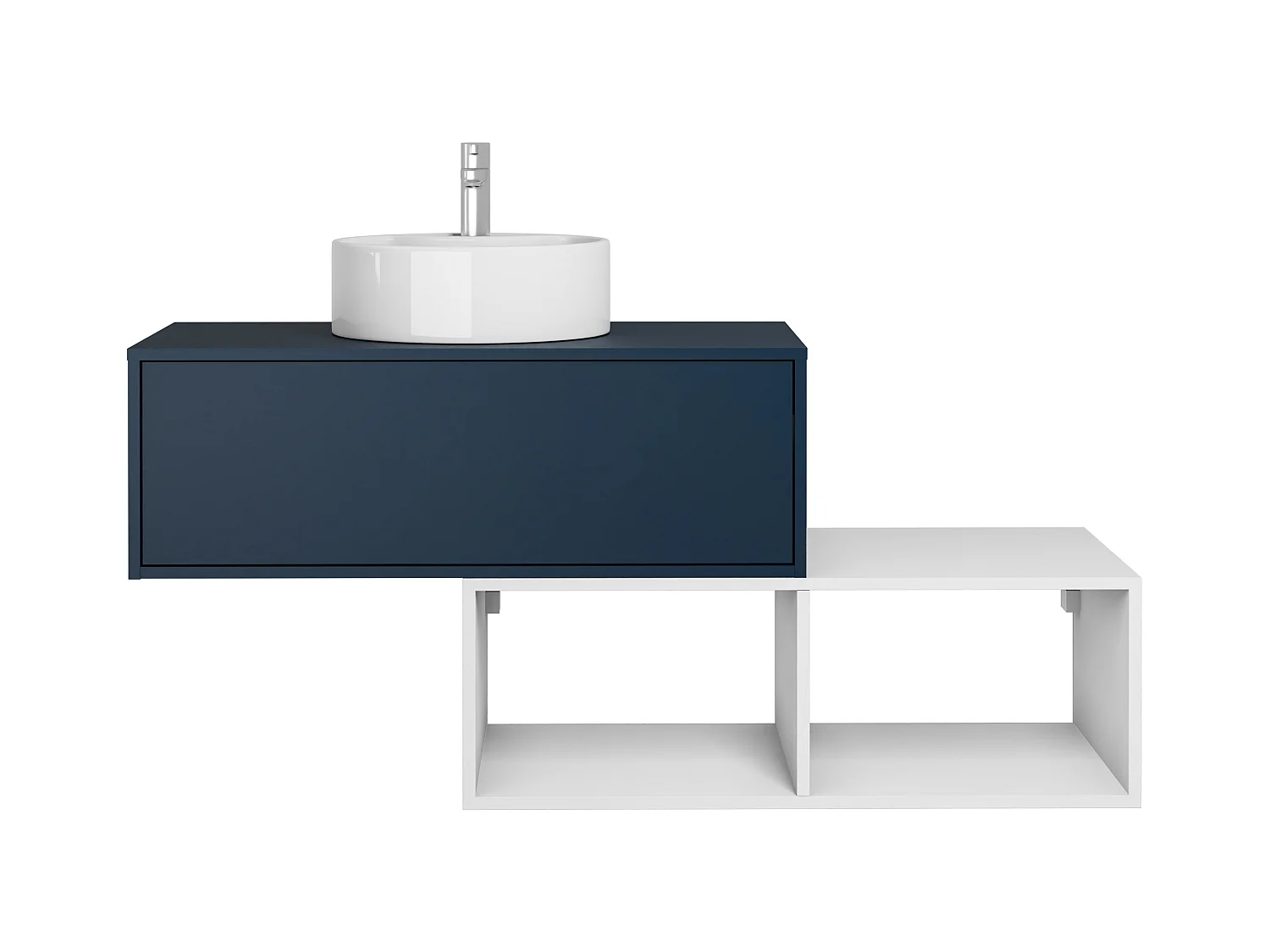 Hangend badkamermeubel met ronde wastafel - 1 blauwe lade en 2 witte nissen - 94 cm - TEANA II