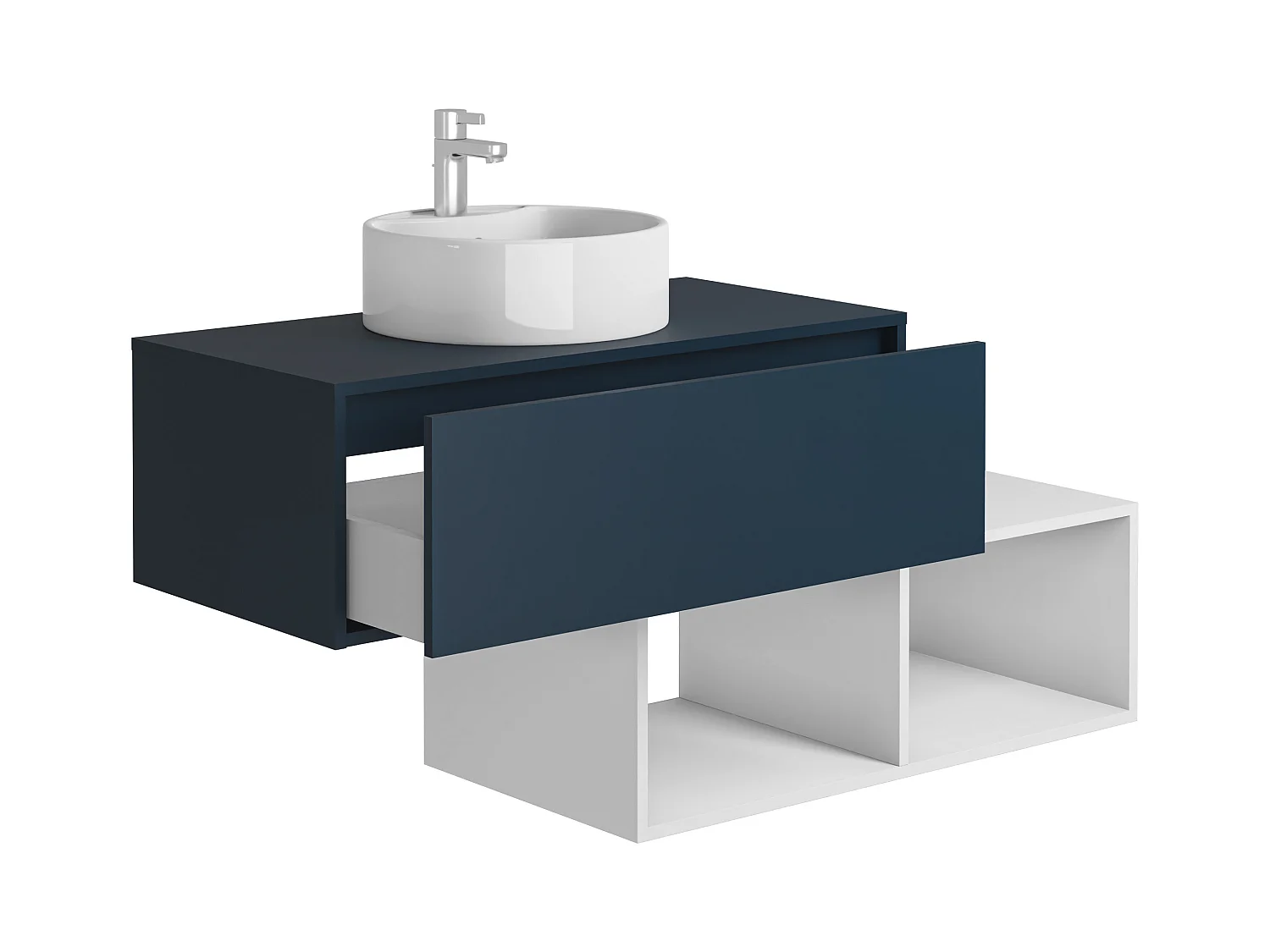 Hangend badkamermeubel met ronde wastafel - 1 blauwe lade en 2 witte nissen - 94 cm - TEANA II