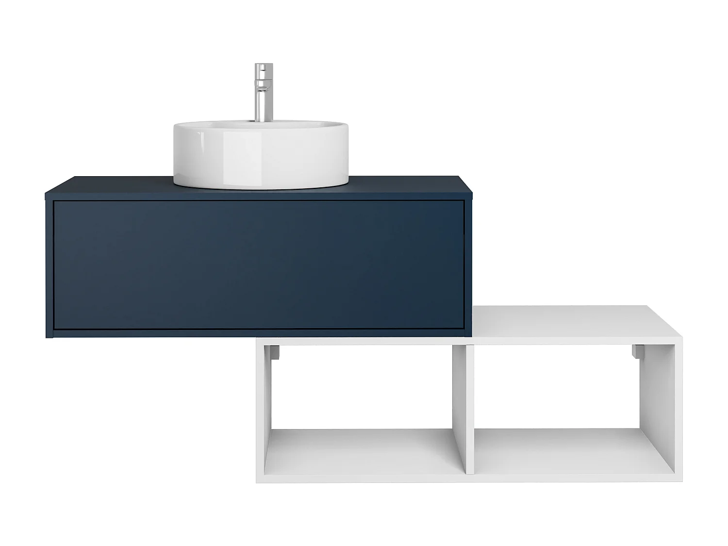 Waschbeckenunterschrank hängend mit rundem Waschbecken - 1 blaue Schublade & 2 weiße Ablagefächer - 94 cm - TEANA II