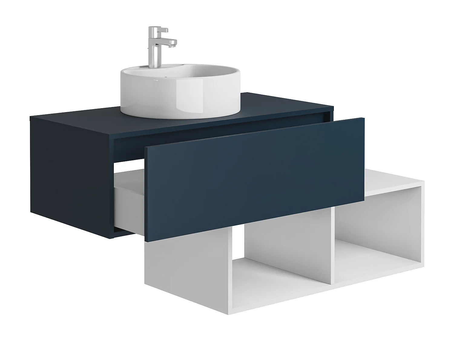 Waschbeckenunterschrank hängend mit rundem Waschbecken - 1 blaue Schublade & 2 weiße Ablagefächer - 94 cm - TEANA II