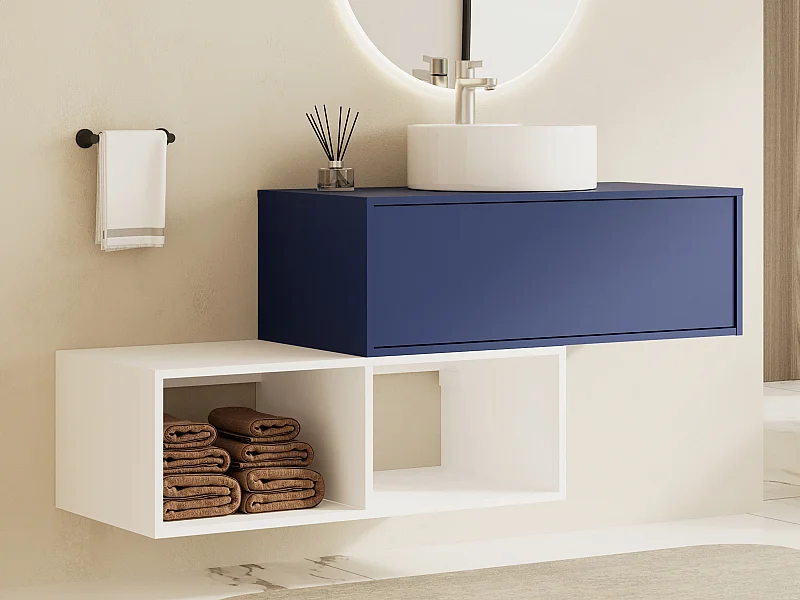 Mobile bagno sospeso con lavabo tondo 1 cassetto Blu e 2 nicchie Bianche 94 cm - TEANA II