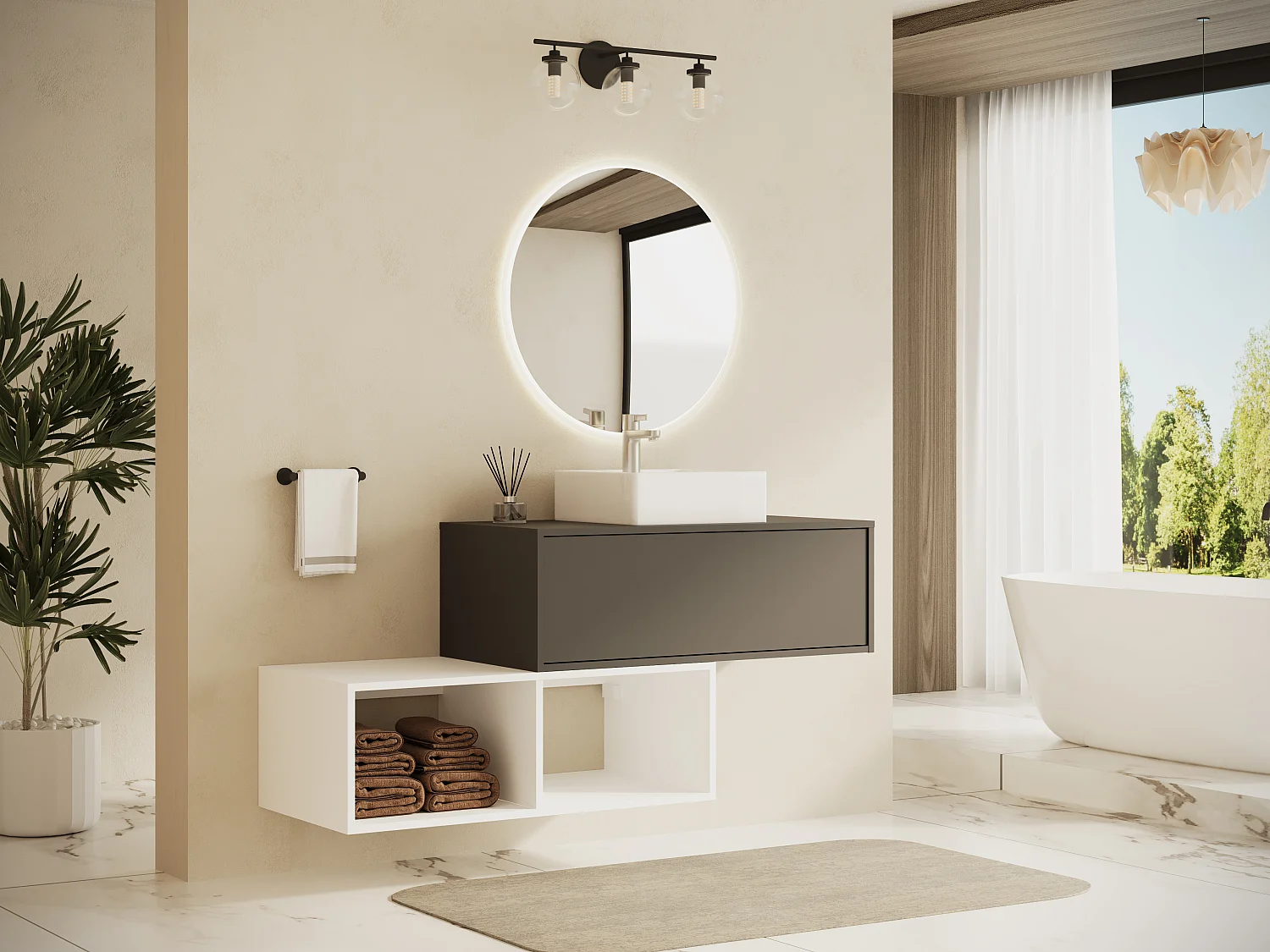 Meuble de salle de bain suspendu avec vasque carrée - 1 tiroir gris anthracite et 2 niches blanches - 94 cm - TEANA II