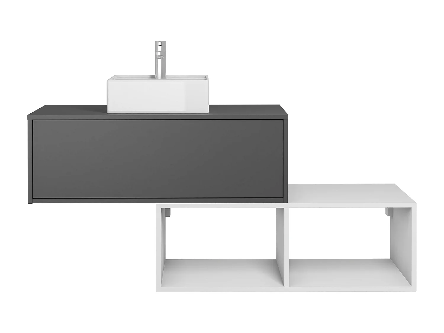 Hangend badkamermeubel met vierkante wastafel - 1 lade, antracietgrijs, en 2 witte nissen - 94 cm - TEANA II
