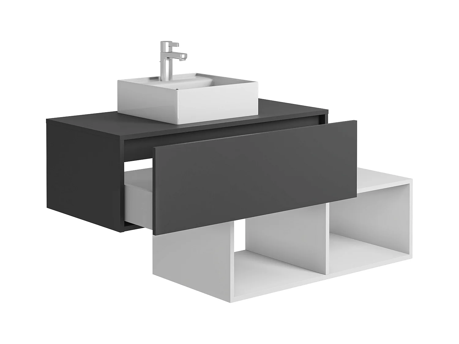 Hangend badkamermeubel met vierkante wastafel - 1 lade, antracietgrijs, en 2 witte nissen - 94 cm - TEANA II