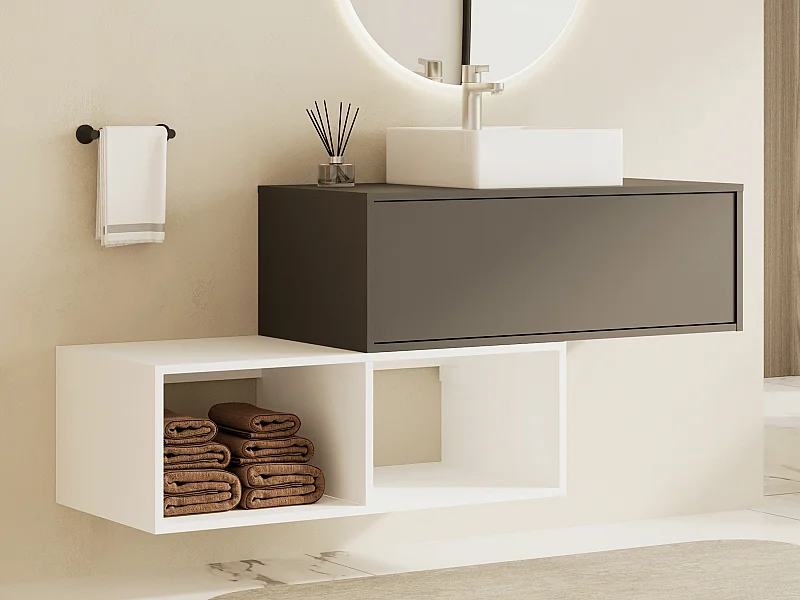 Waschbeckenunterschrank hängend mit quadratischem Waschbecken - 1 anthrazitgraue Schublade & 2 weiße Ablagefächer - 94 cm - TEANA II