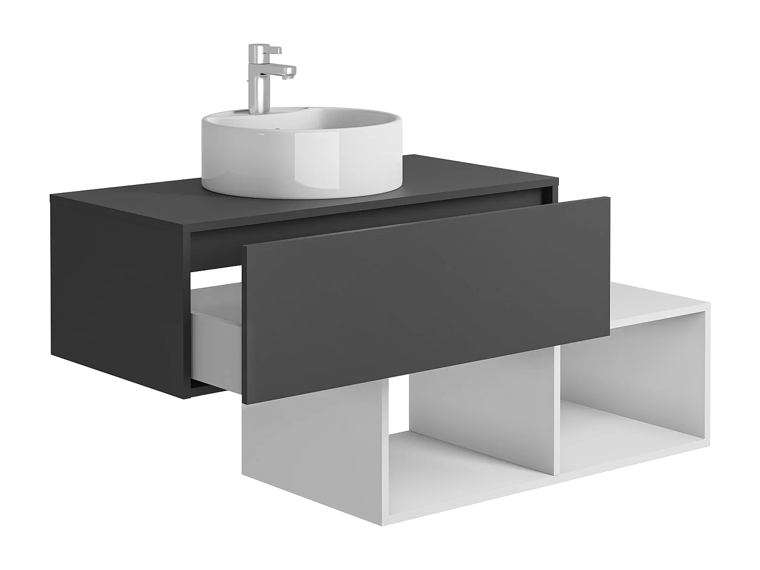 Mueble de baño flotante con lavabo redondo - 1 cajón gris antracita y 2 estantes blancos - 94 cm - TEANA II