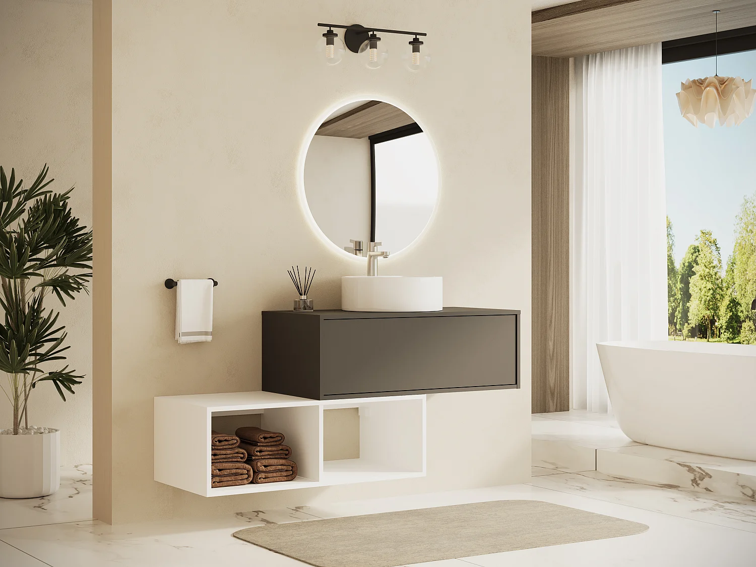 Meuble de salle de bain suspendu avec vasque ronde - 1 tiroir gris anthracite et 2 niches blanches - 94 cm - TEANA II