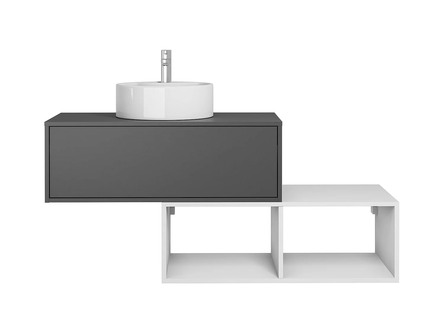 Meuble de salle de bain suspendu avec vasque ronde - 1 tiroir gris anthracite et 2 niches blanches - 94 cm - TEANA II