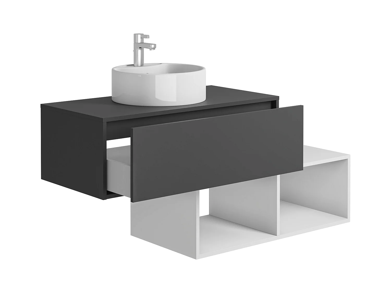 Meuble de salle de bain suspendu avec vasque ronde - 1 tiroir gris anthracite et 2 niches blanches - 94 cm - TEANA II