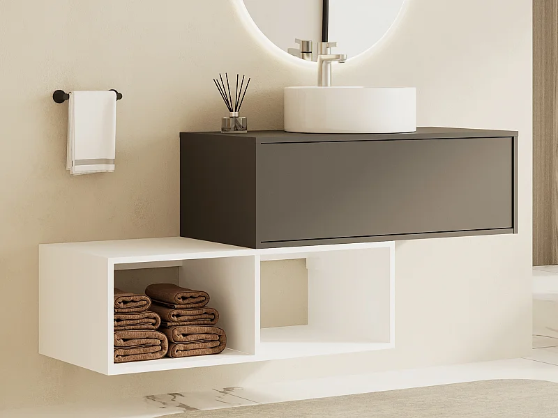 Meuble de salle de bain suspendu avec vasque ronde - 1 tiroir gris anthracite et 2 niches blanches - 94 cm - TEANA II