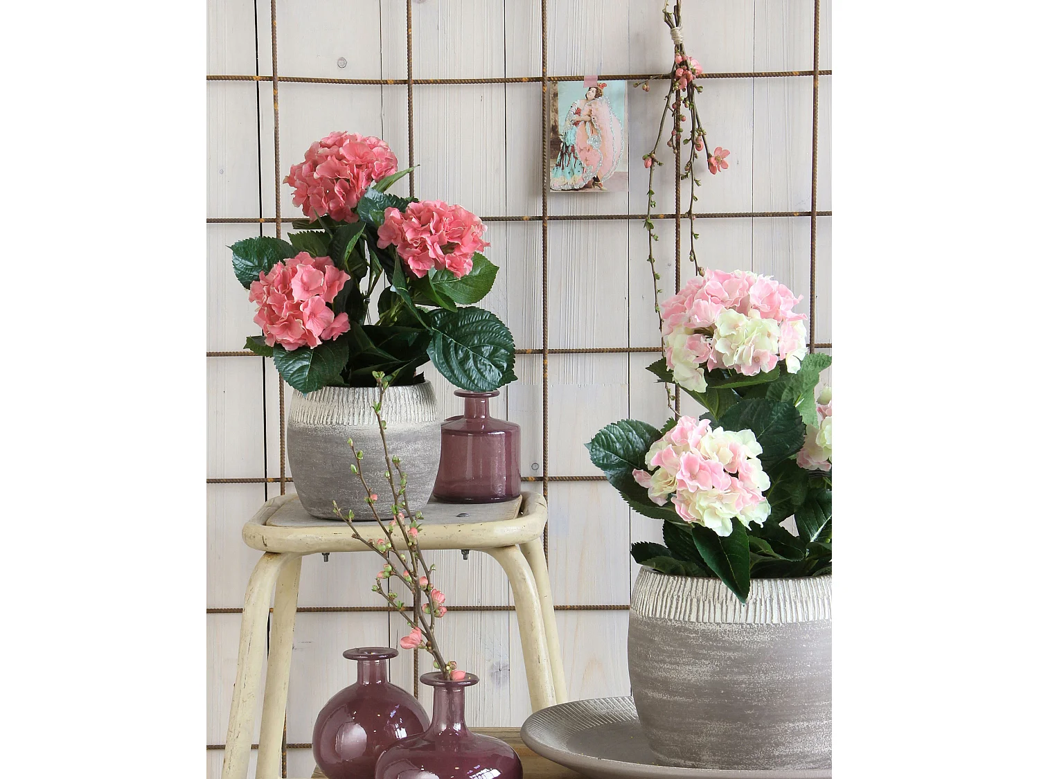 Plante artificielle en polyester et terre cuite - 45 x Ø45 - Rose - HYDRANGEA