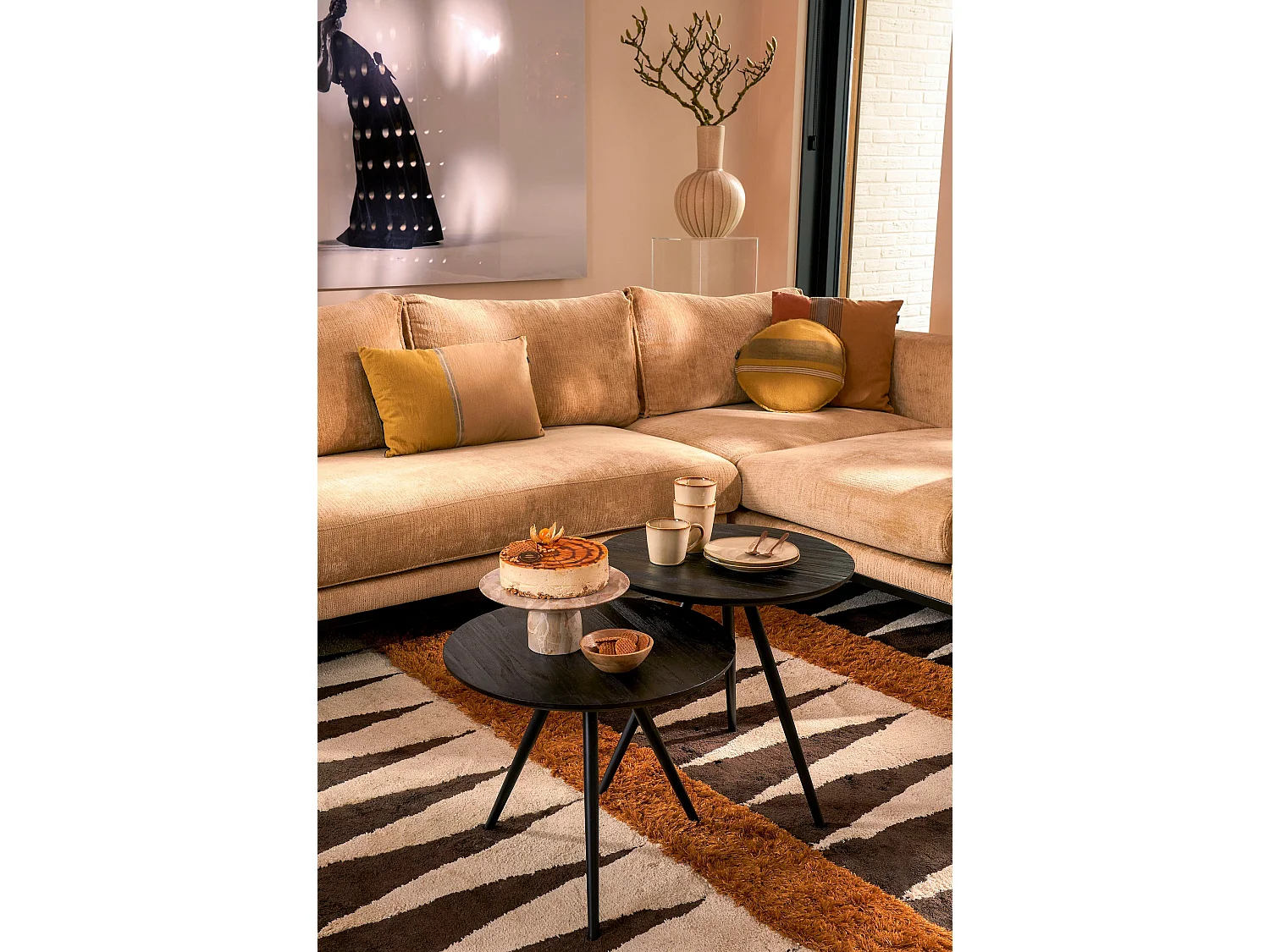 Bijzettafel set van gerecycled hout en mdf en metaal - 49 x Ø50 / 42 x Ø50 - Zwart - JAILEY