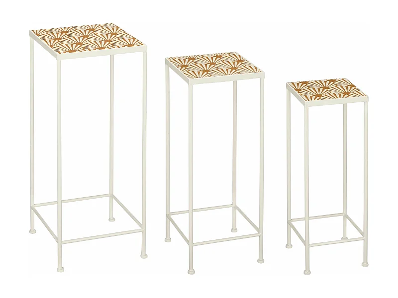 Beistelltisch-Set aus Metall und Ziegel - 28 x 28 x 67 / 24 x 24 x 61 / 20 x 20 x 55 - Braun, weiß - ODILE