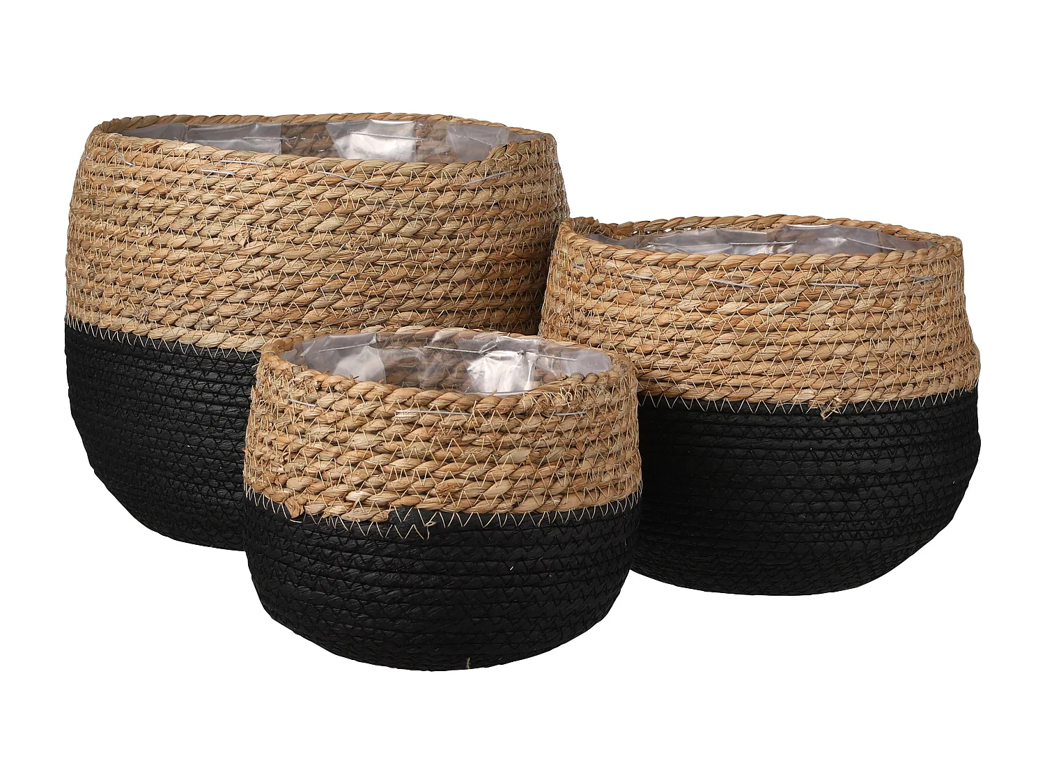 Ensemble de panier a plantes en jonc de mer et plastique - Ø26 x 24 - Noir, marron clair - JORCK