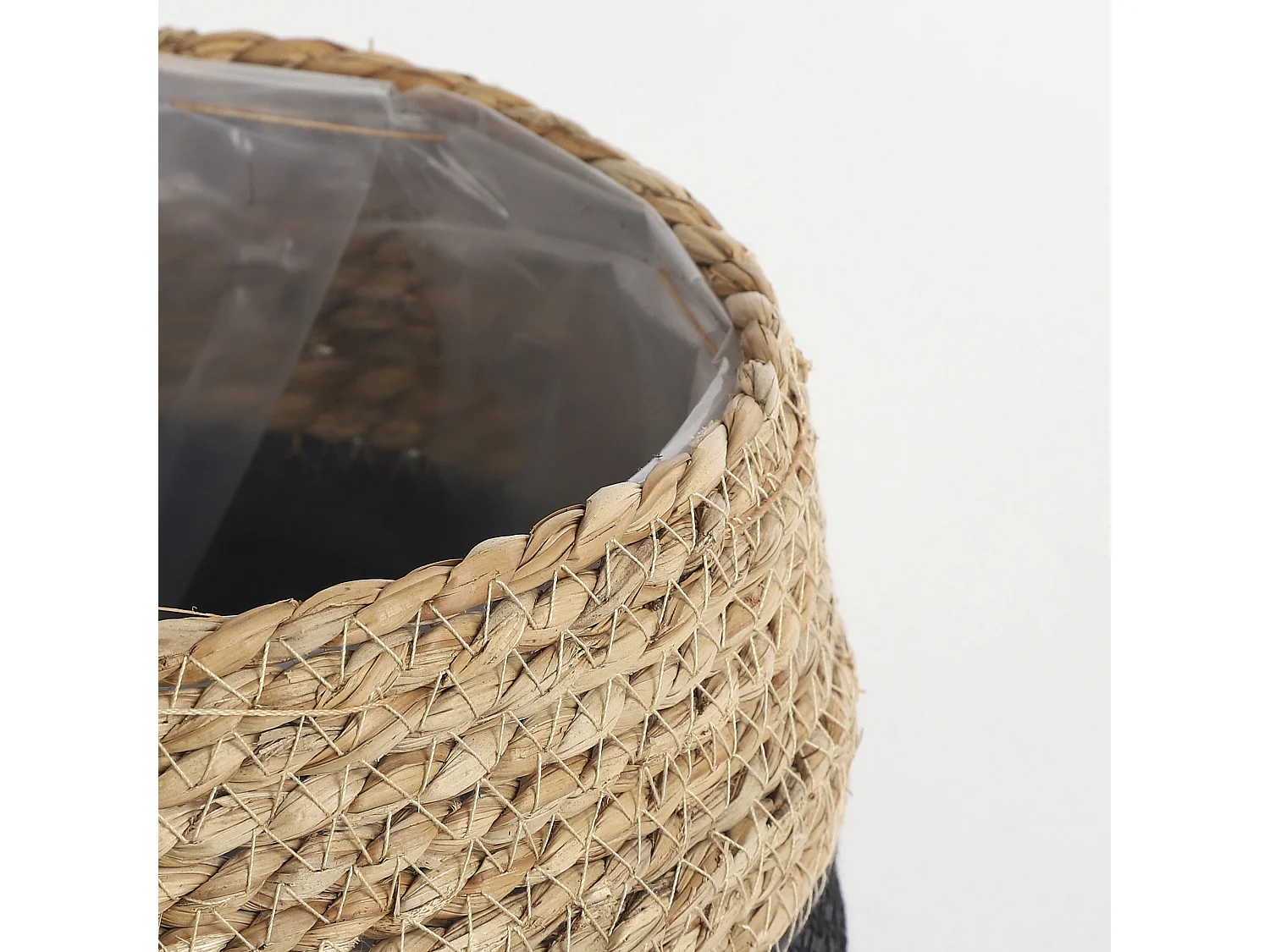 Ensemble de panier a plantes en jonc de mer et plastique - Ø26 x 24 - Noir, marron clair - JORCK