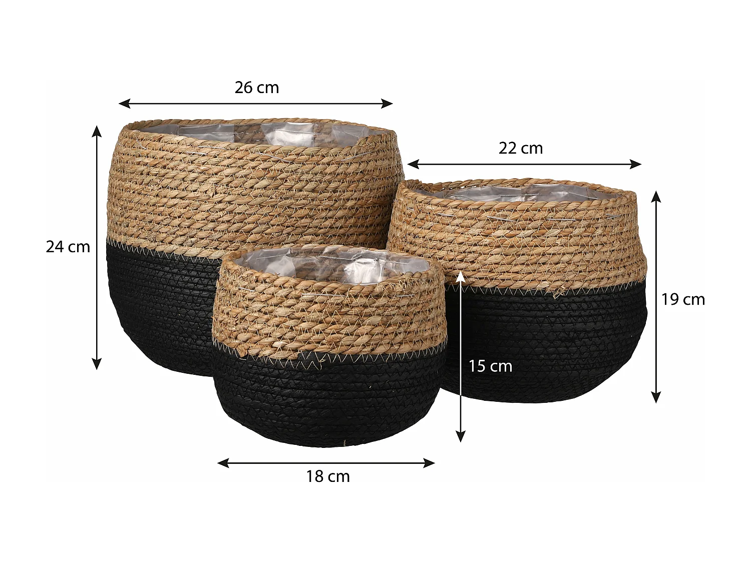 Ensemble de panier a plantes en jonc de mer et plastique - Ø26 x 24 - Noir, marron clair - JORCK