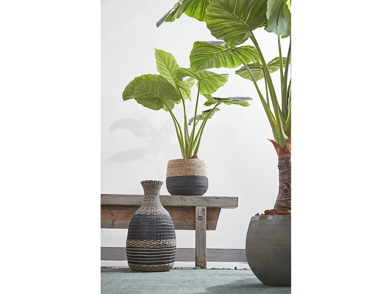 Ensemble de panier a plantes en jonc de mer et plastique - Ø26 x 24 - Noir, marron clair - JORCK