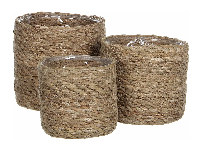 Ensemble de panier a plantes en jonc de mer et plastique - Ø12 x 12 / Ø14 x 14 / Ø16 x 16 - Marron clair - ATLANTIC