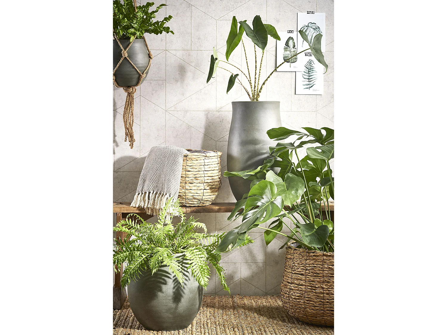 Ensemble de panier a plantes en seagrass et métal et plastique (inlay) - Ø30 x 31 - Marron clair - AVALON