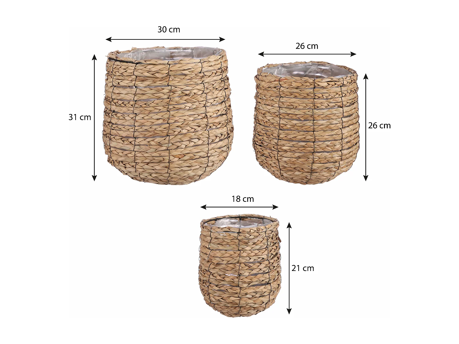 Ensemble de panier a plantes en seagrass et métal et plastique (inlay) - Ø30 x 31 - Marron clair - AVALON