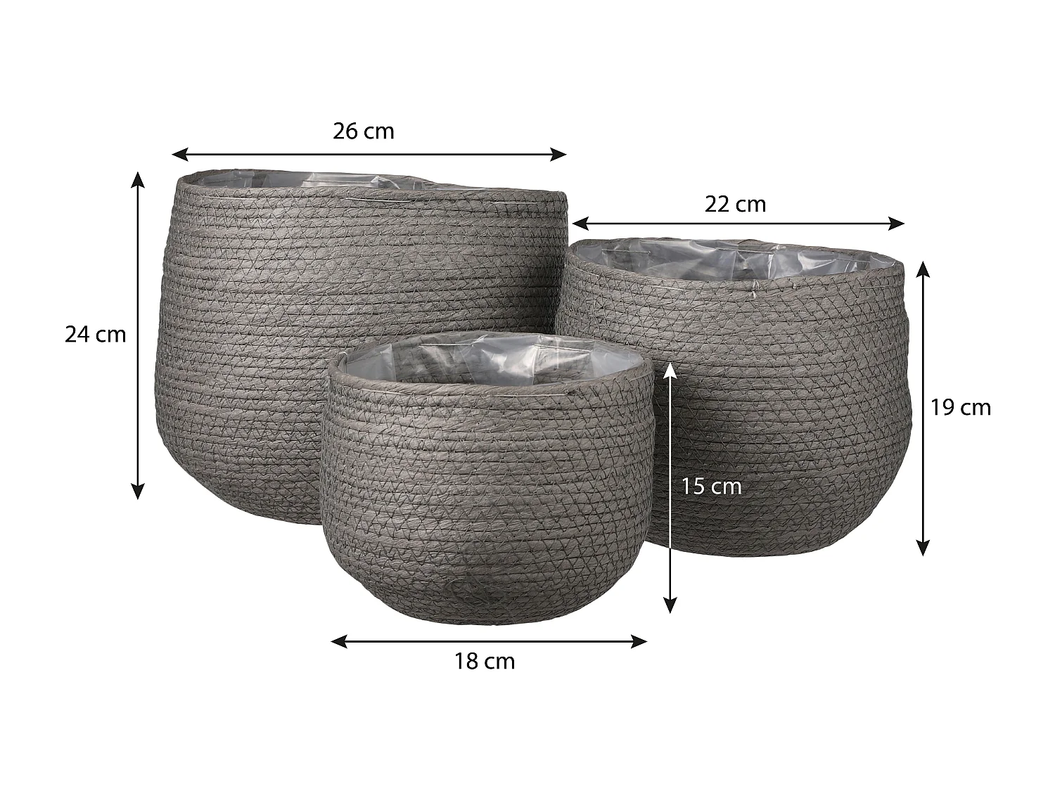 Ensemble de panier a plantes en papier et plastique - Ø26 x 24 - Gris - JORCK