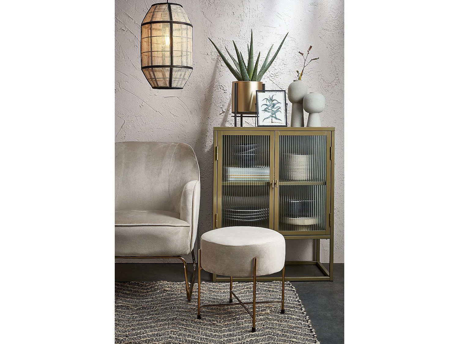 Suspension lumineuse en lin et bambou et bois tendre et contreplaqué et métal - Ø29 x 45,5 - Blanc cassé - PELLA