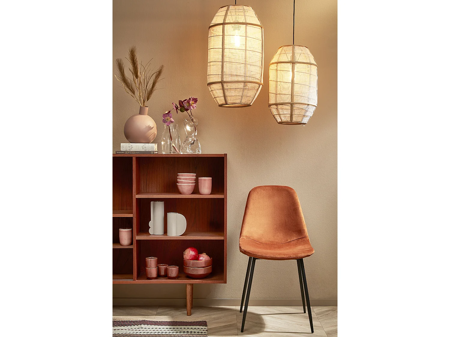 Hanglamp van linnen en bamboe en naaldhout en multiplex en ijzer - 58 x Ø32.5 - Beige - PELLA