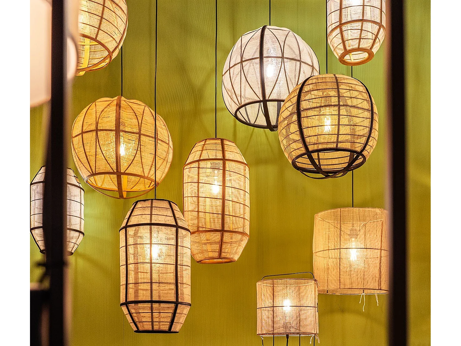 Hanglamp van linnen en bamboe en naaldhout en multiplex en ijzer - 58 x Ø32.5 - Beige - PELLA