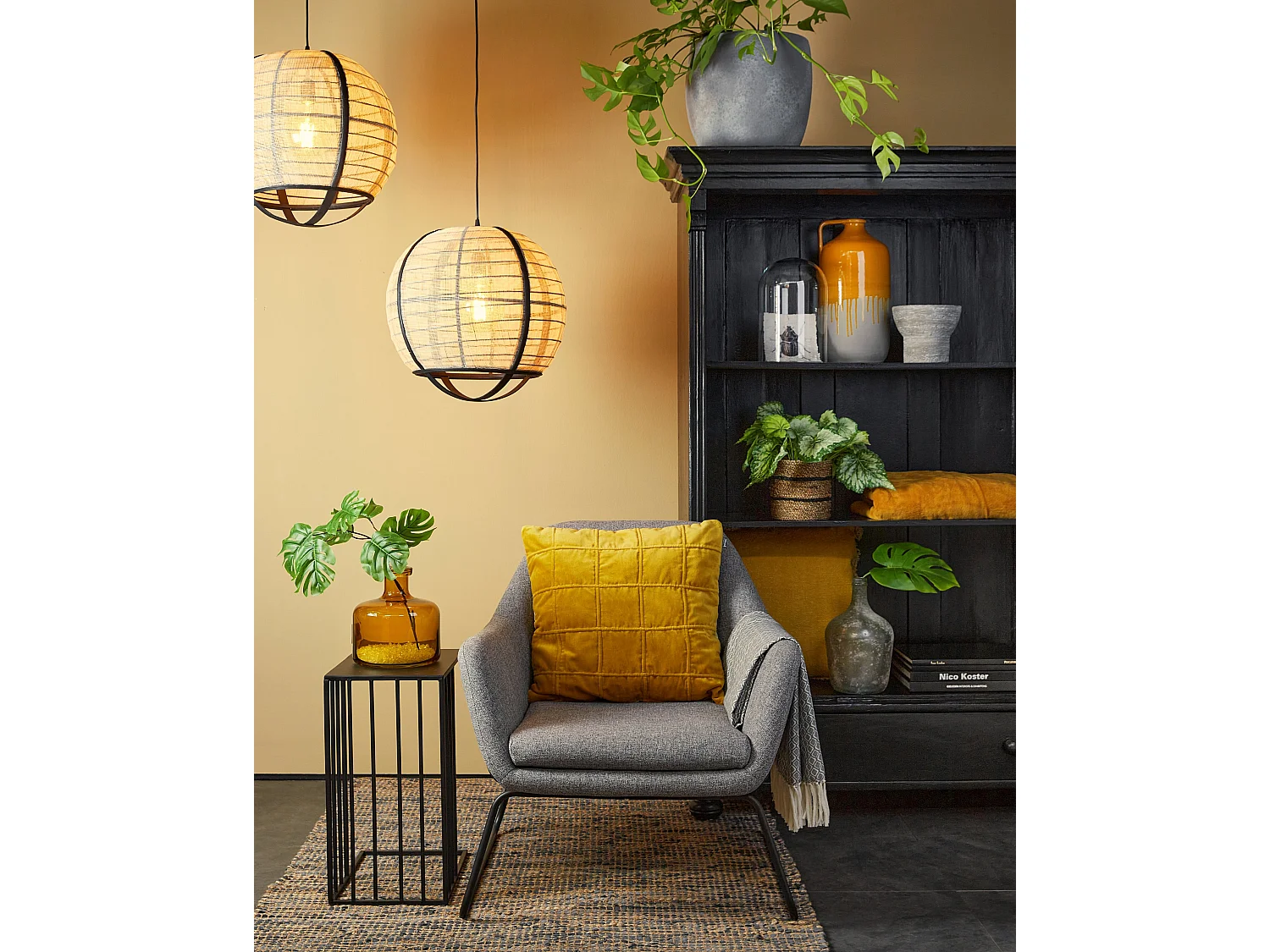 Hanglamp van linnen en bamboe en multiplex - Ø45 x 43,5 - Off white - PELLA