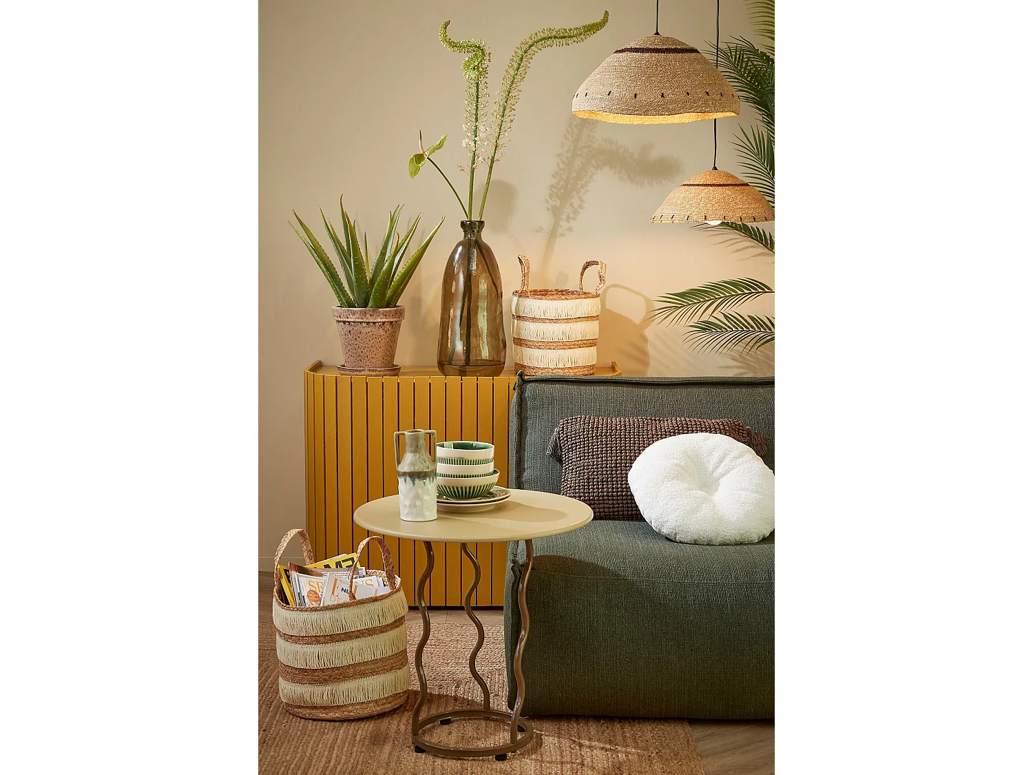 Hanglamp van jute en ijzer - 16 x 36 - Lichtbruin - JOULZ