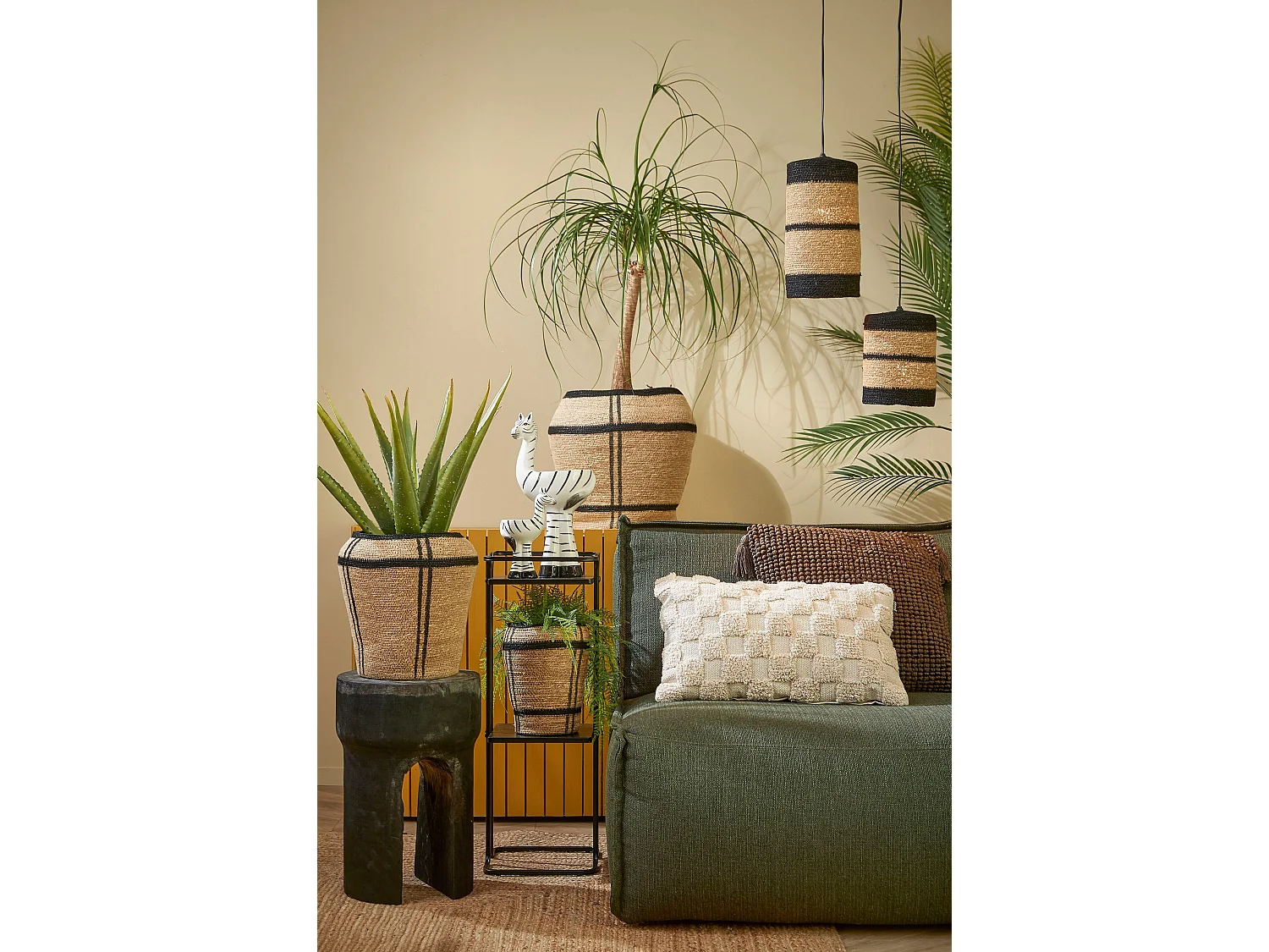 Suspension lumineuse en jute - 20 x 15 - Noir - JINX