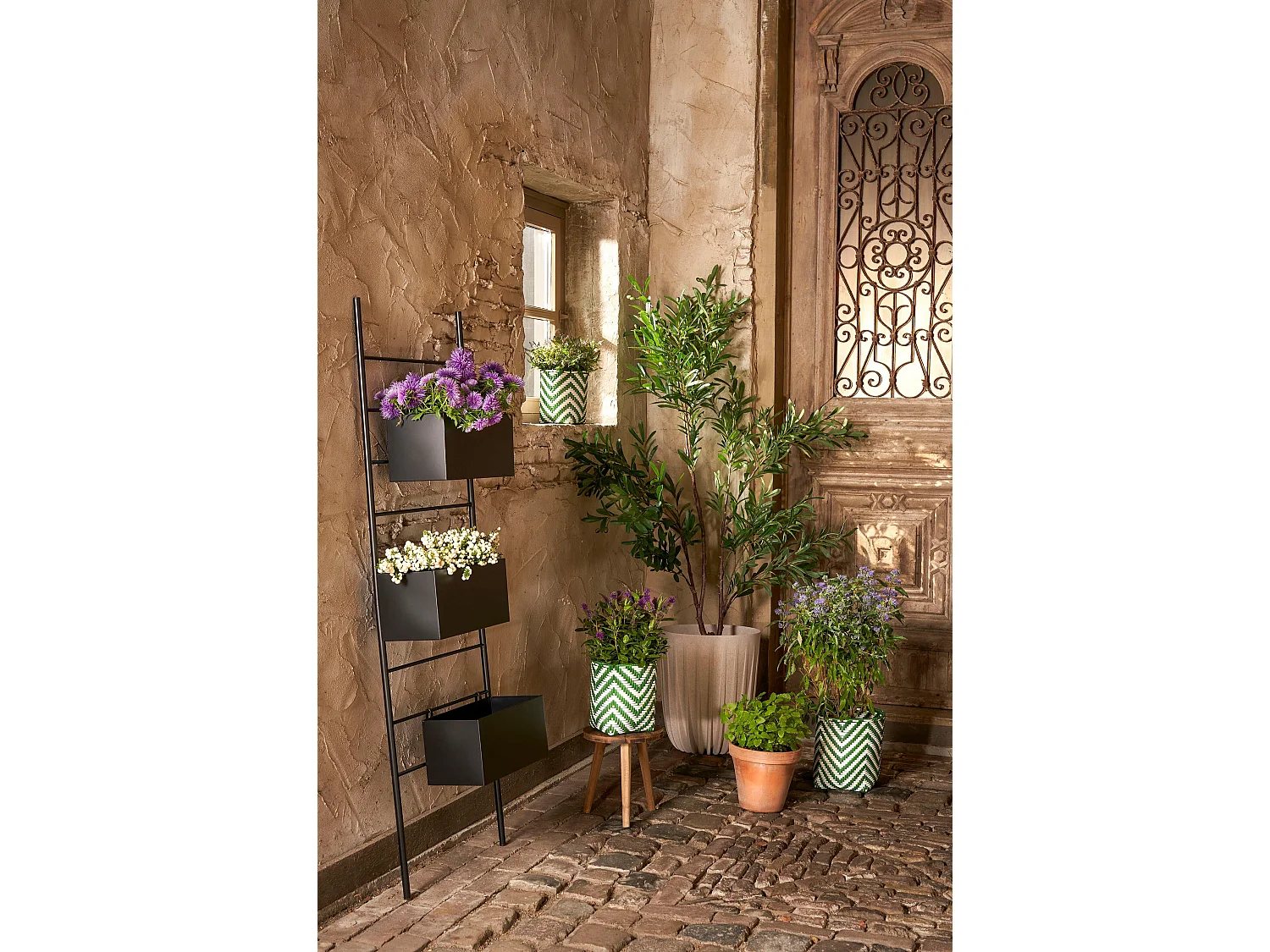 Ensemble de panier a plantes d'exterieur en plastique recyclé - 26 x Ø24 / 23 x Ø21 / 26 x Ø24 - Vert foncé, blanc - MERLIJN